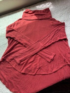 We The Free Coral Red Waffle Knit Turtleneck Sweater